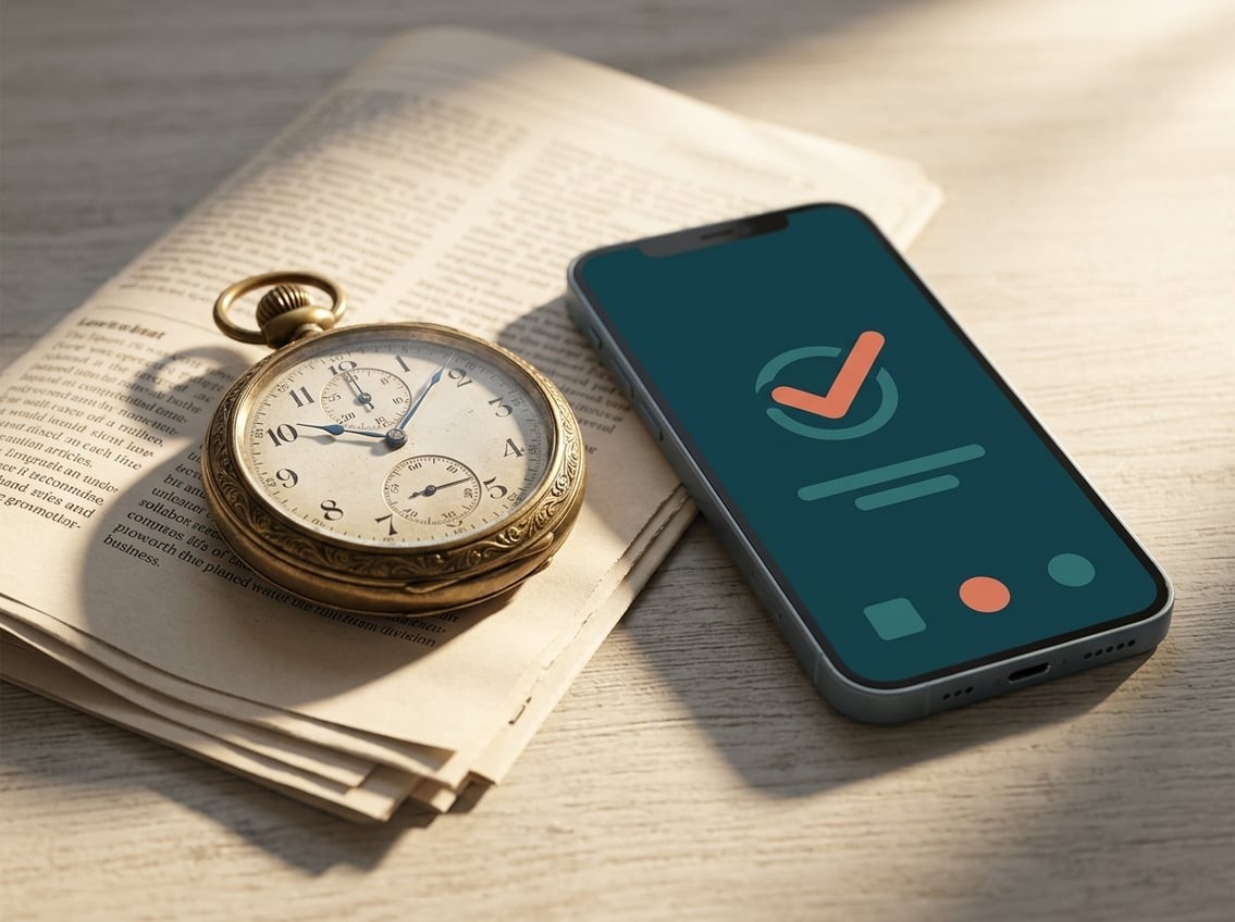 A vintage-looking stopwatch resting on top of a folded newspaper beside a phone showing a generic payment confirmation screen, warm morning light, cream and coral tones