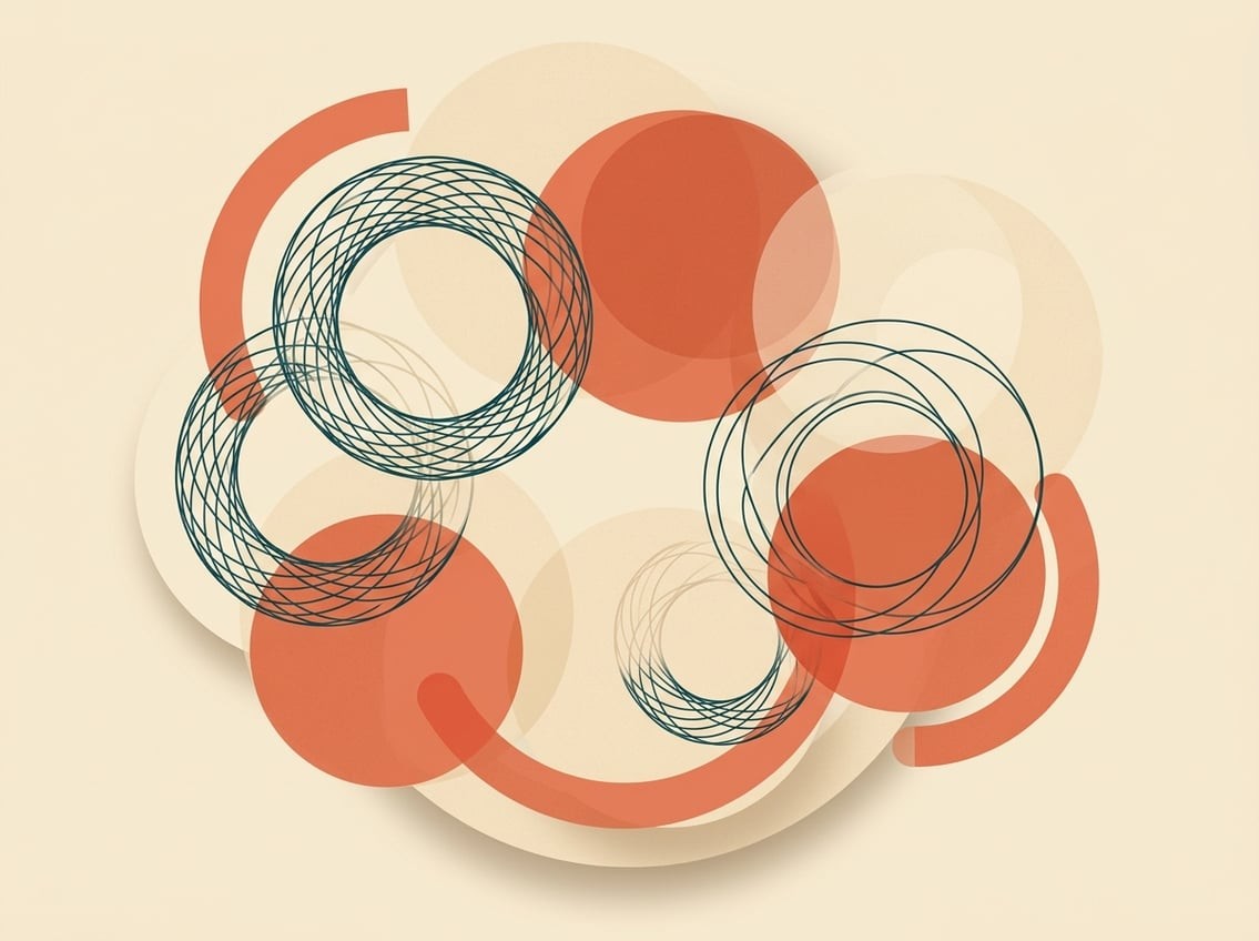 An abstract geometric composition of overlapping circles and coral arcs on a warm cream background, suggesting motion and rotation without depicting any specific game imagery