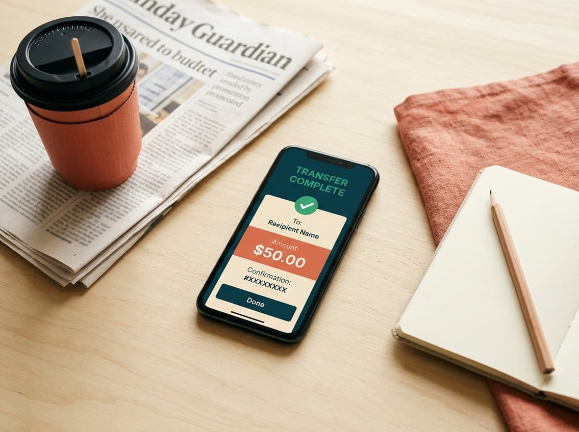 Flat-lay of a smartphone with a generic bank-transfer confirmation screen, a takeaway coffee cup, folded newspaper pages and a small notepad on a warm cream surface with soft coastal morning light