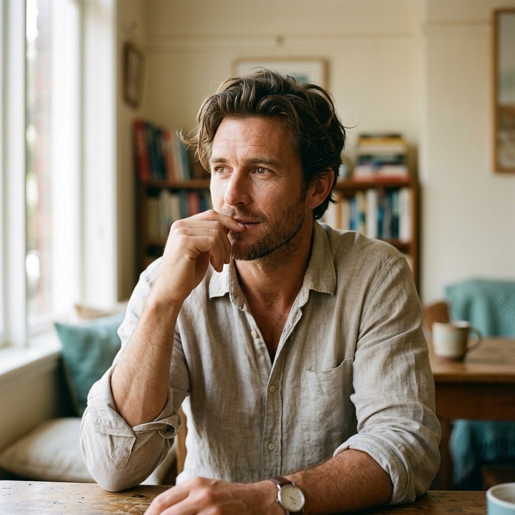 Portrait of Mitchell Delacroix, a man in his late thirties with tousled dark blonde hair, a few days of stubble, wearing an open-collared linen shirt, warm indoor light, relaxed unposed expression