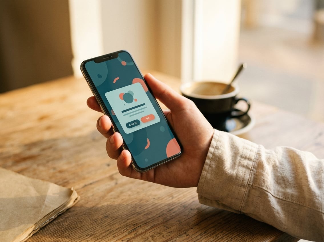 A hand holding a smartphone in warm afternoon light, the screen showing a generic bank confirmation dialog in coral and teal colours, cream tabletop background with a coffee cup slightly out of focus