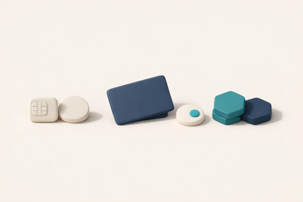 Matte 3D render of three small object groups on a bone ground: chip and coin, a card, and two hex-shaped crypto tokens, comparing PayID card and crypto payment fees at offshore Australian pokies casinos.